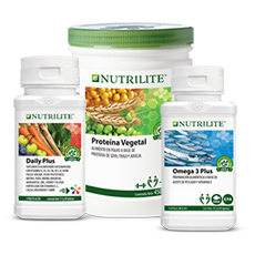 Productos Nutrilite: Proteína Vegetal, Daily y Omega 3 Plus, aportan vitaminas, minerales, Fitonutrientes y ácidos grasos omega 3.