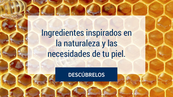 Imagen con un fondo de un panal y dos abejas. La miel ingredientes inspirados en la naturaleza de los productos G&H para el cuidado corporal.